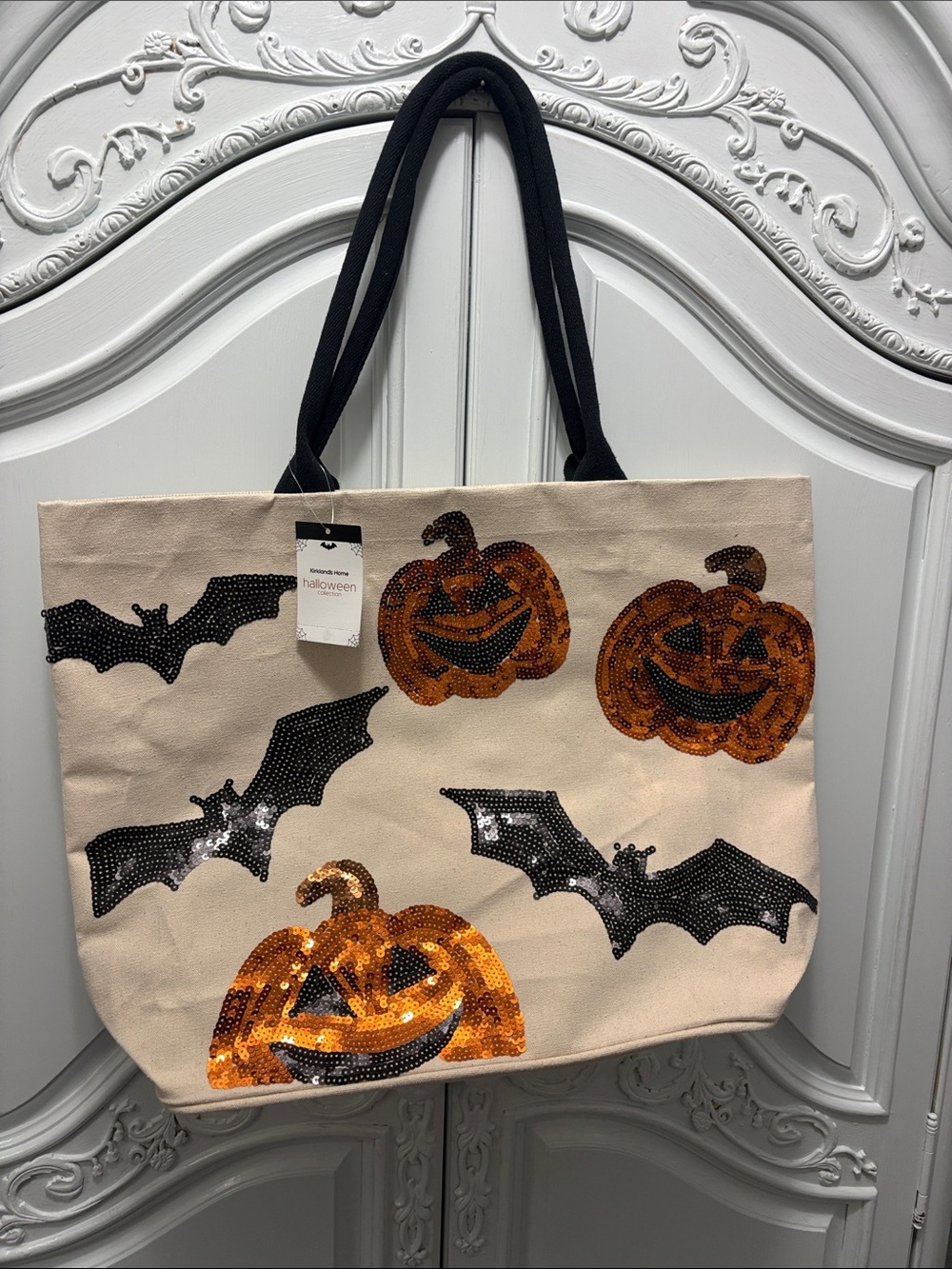 Halloween Sequin Pumpkin & Bat Canvas Tote - Beige/Black/Orange